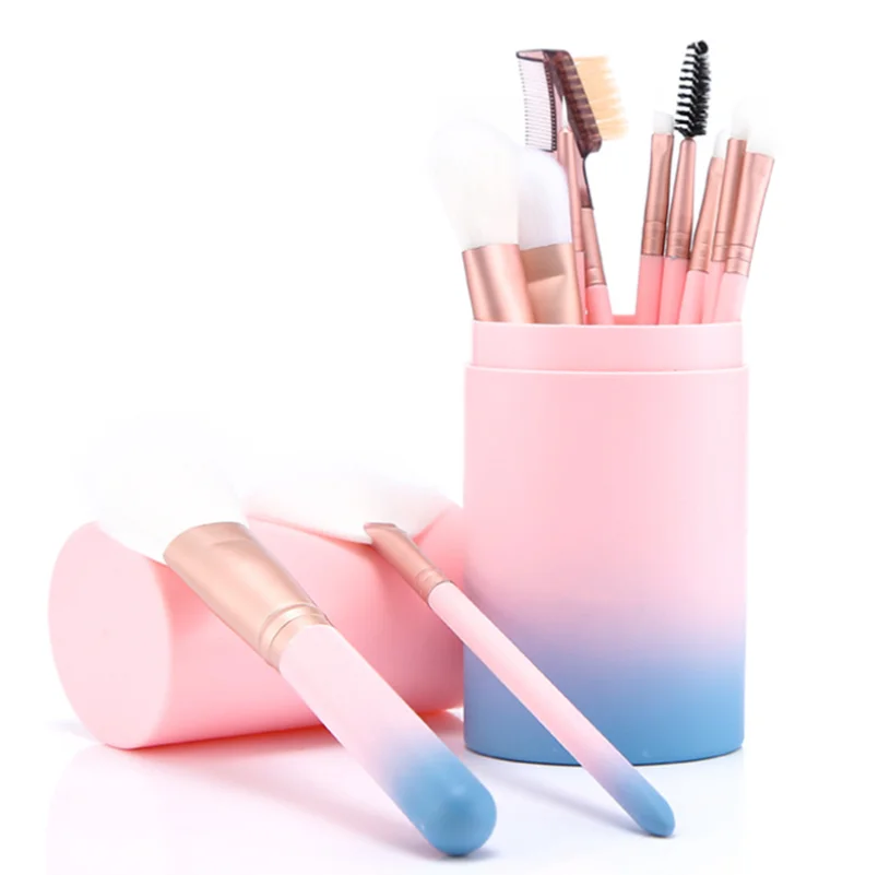 12 шт. розовые кисти для макияжа набор профессиональных де maquiagem для женщин, основы, бровей, румян кисть с цилиндром