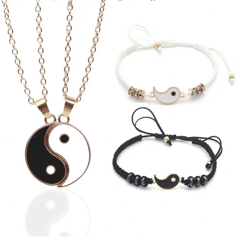 1 Set Tai Chi Yin Yang Paired Pendants Charms Braided Chain Couple Couple Bracelet and Necklaces For Women Men Best Friends