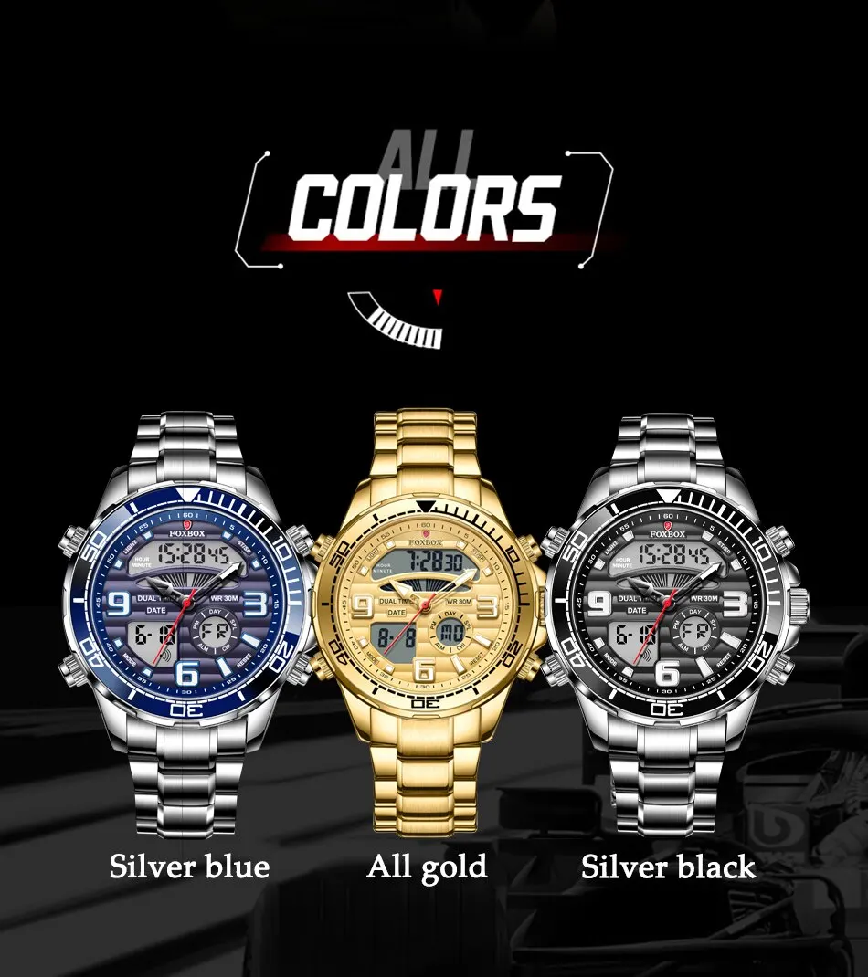 Foxbox 0007 Top  All Steel  Waterproof Clock Luxury Sport Quartz Wristwatch For Men Digital Mens Business Fashion Watches