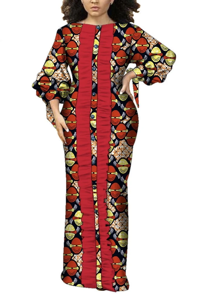 Wholesale Women African Ethnic Batik Printed Cotton Long Sleeve Plus Size Dress