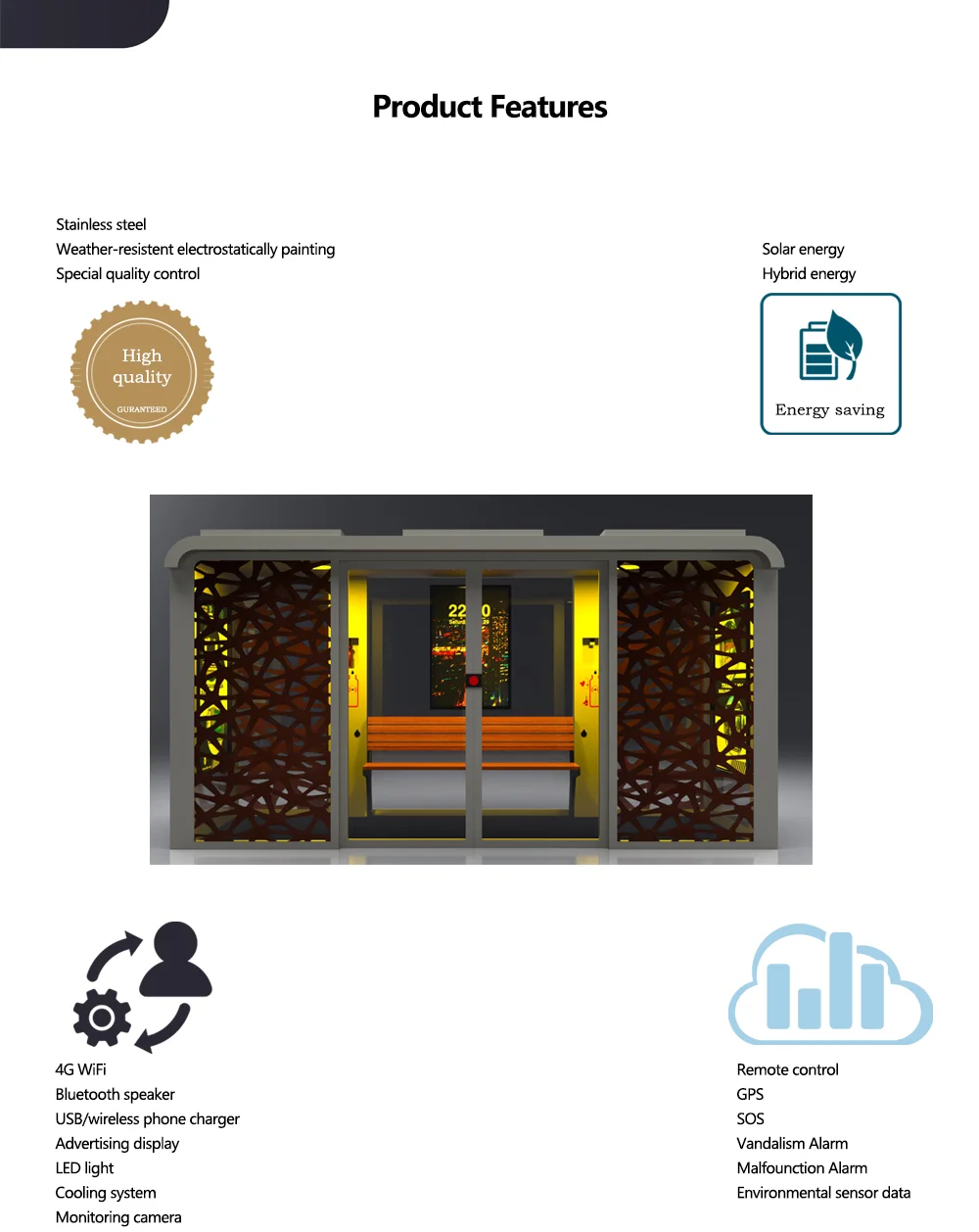 High Quality Stainless Steel Solar Power Modern Style Bus Station Multi Functional Bus Stop Shelter