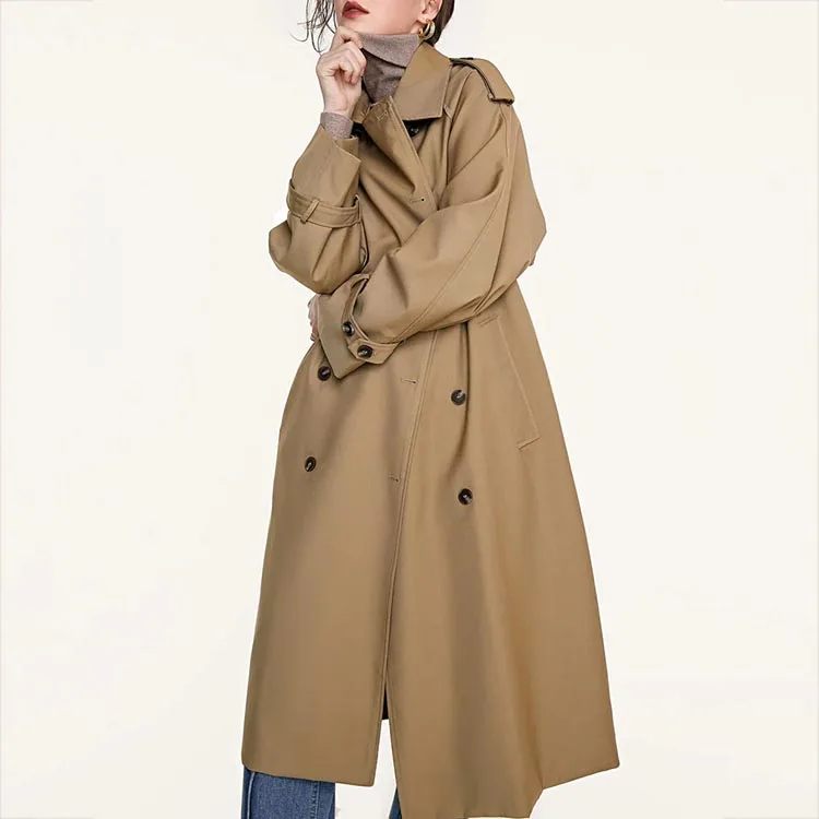 Wholesale Women Casual Wide Lapel Double Breasted Belted Longline Trench Coat
