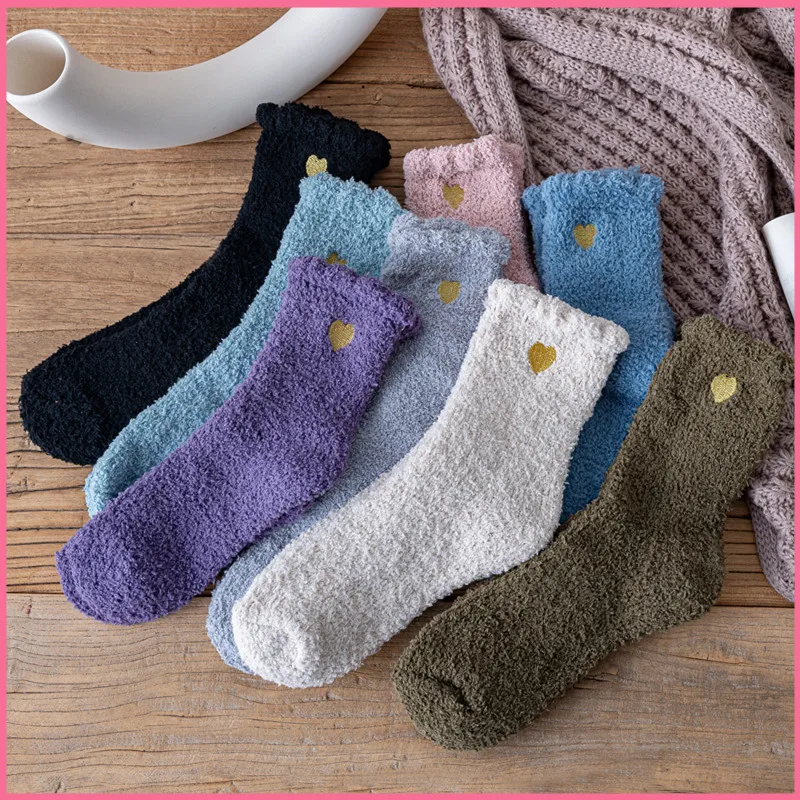Wholesale Embroidery Logo Winter Keep Warm Thick Terry fuzzy Coral Bed Sock floor sleeping socks Women Girl Soft Crew Socks