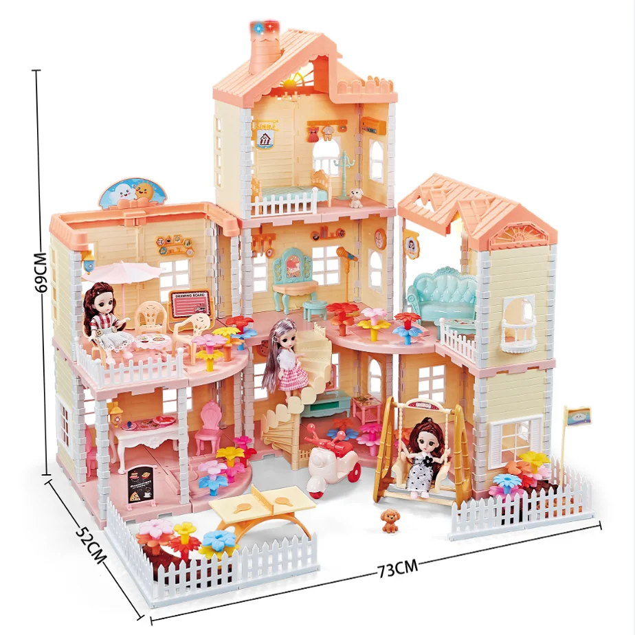 Luxury Princess Castle Dollhouse Toy Set with Plastic DIY Toy Furniture and 4pcs 4.5 inches dolls for Girls with light and mist