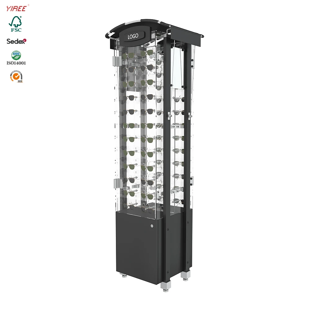 Wholesale custom logo sunglasses shop design wood floor led light fancy acrylic eyeglass display cabinet