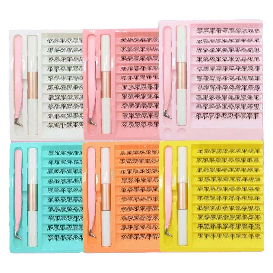 2024 hot sell natural soft C D curl 10-16mm mixing length vegan cruelty free DIY cluster lashes bond sealant and tweezers set