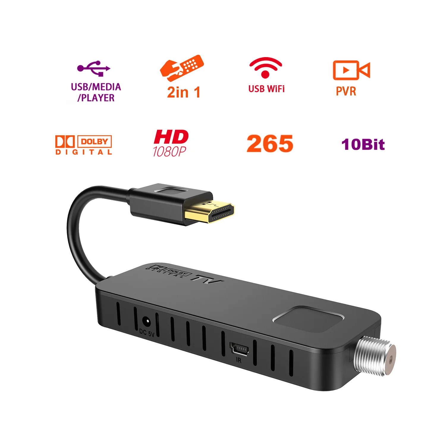 Factory price digital Decoder USB WiFi Full HD 1080P H265 DVB T2 TV Stick Terrestrial TV Receiver Tuner Set Top Box
