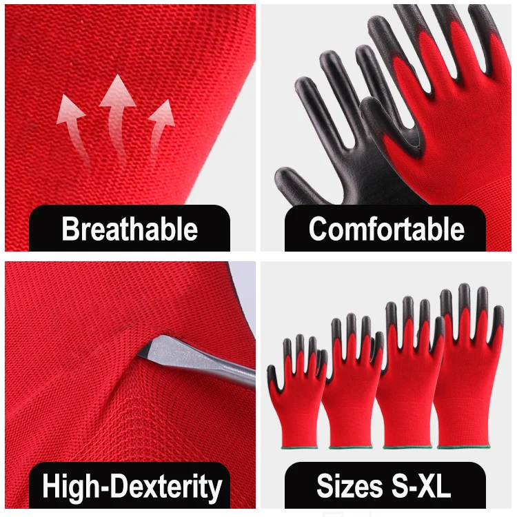 Men Construction red pu coated  Gloves manufacture gloves for work pu safety gloves