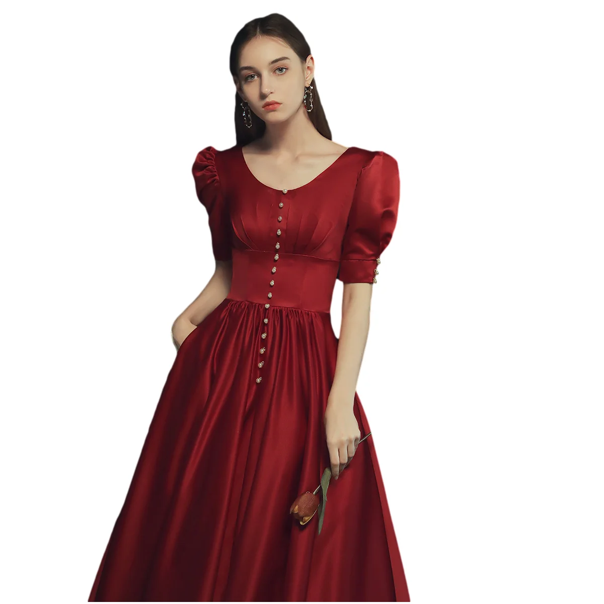 2020 new wine red toast dress bride wedding French satin banquet evening dress bride toast dress female drop shipping fulfill