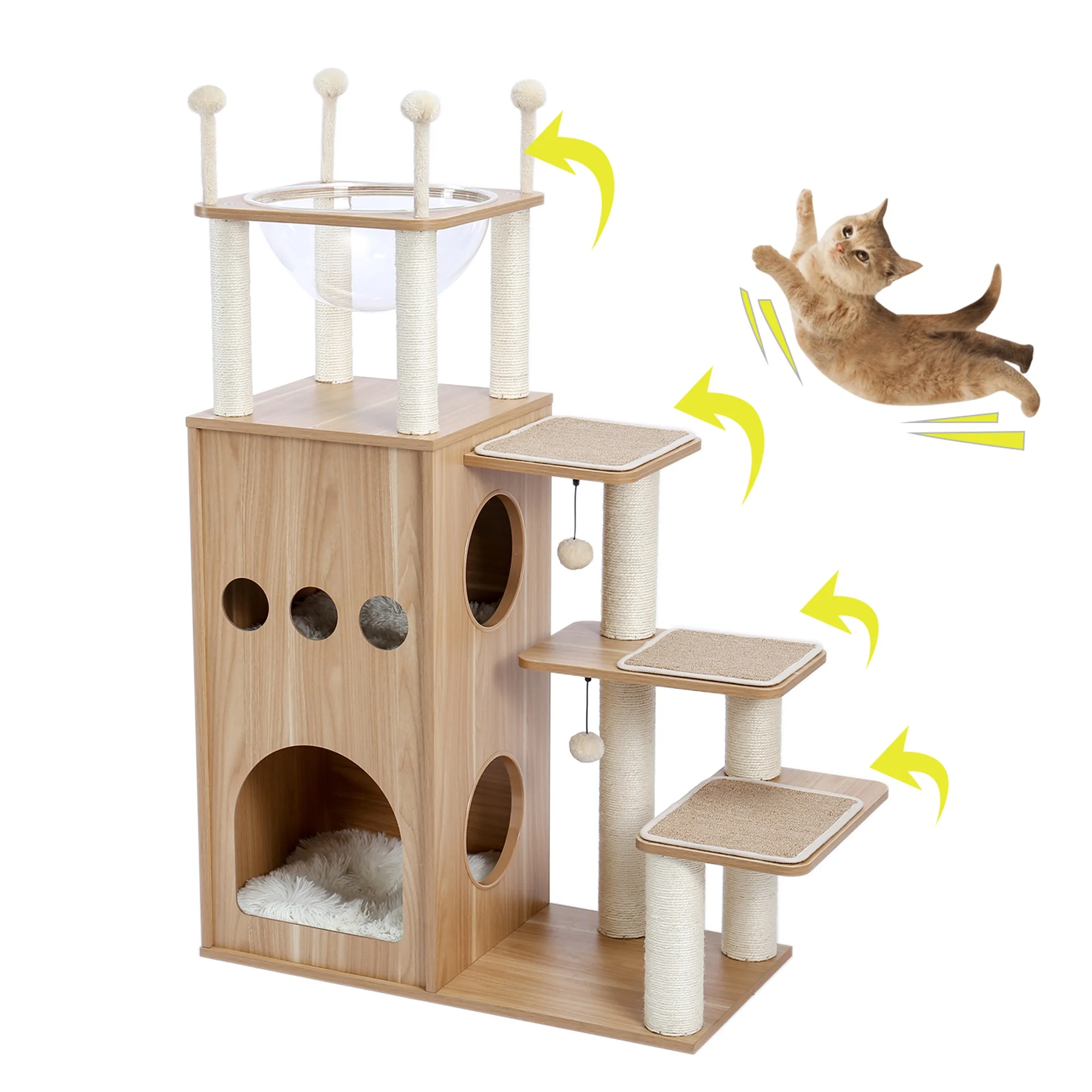 
US Warehouse Stocked Free Shipping Modern Cat Tower Wooden Sky Castle Cat Tree with Deluxe Condos 