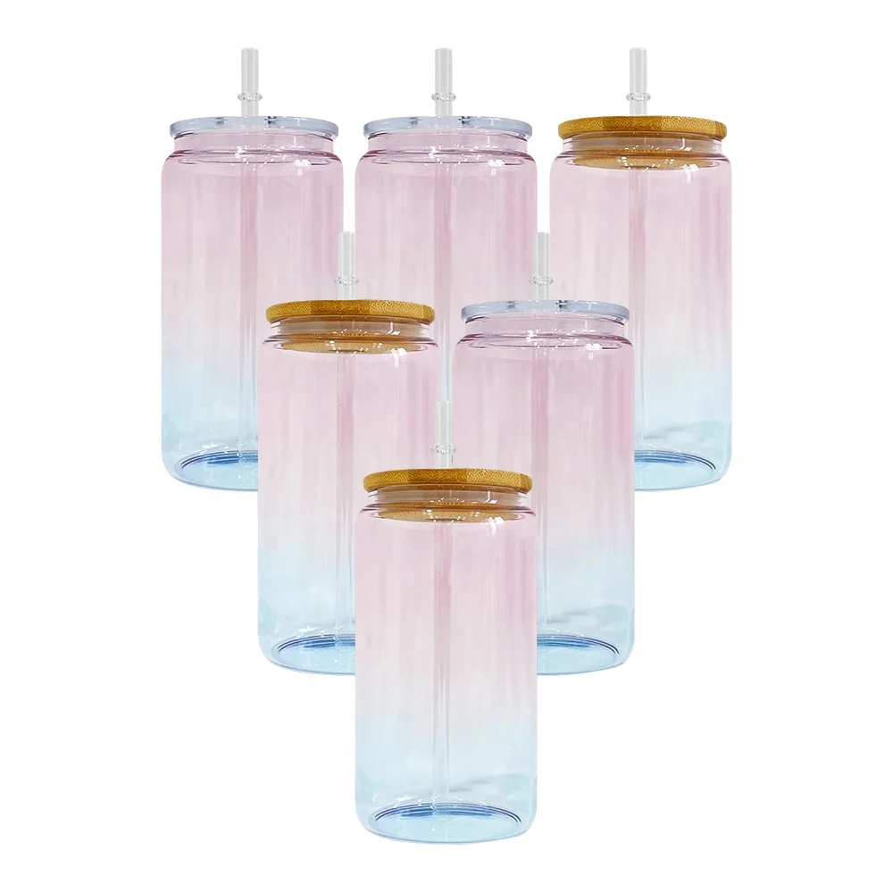 wholesale bulk 16oz ombre jelly crystal ocean glass can for UV DTF wraps 16oz glass mason jar