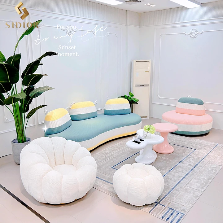 Cream White Lazy Pumpkin Sofa Shaped Boucle Accent Swivel Lounge Chair With Ottoman