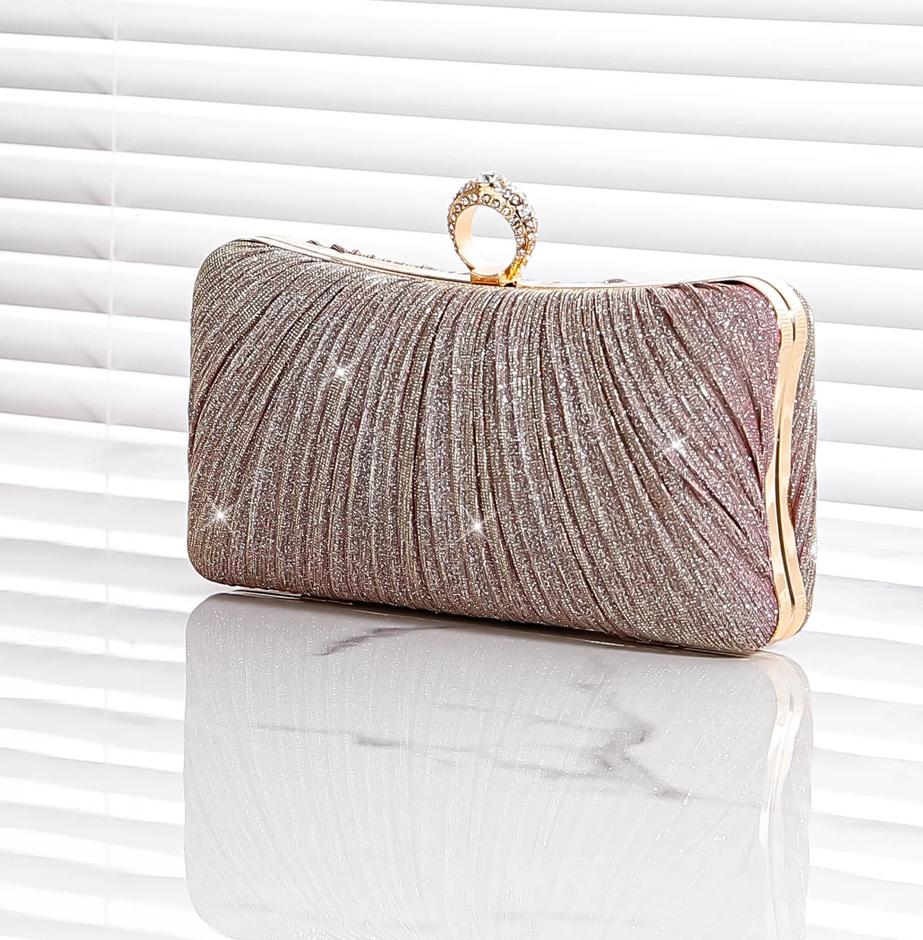 2024 Luxury Ring Solid Color Pleated Wedding Party Pair Clutch Bag Geometric Pattern Silk Pearl Dinner Bag