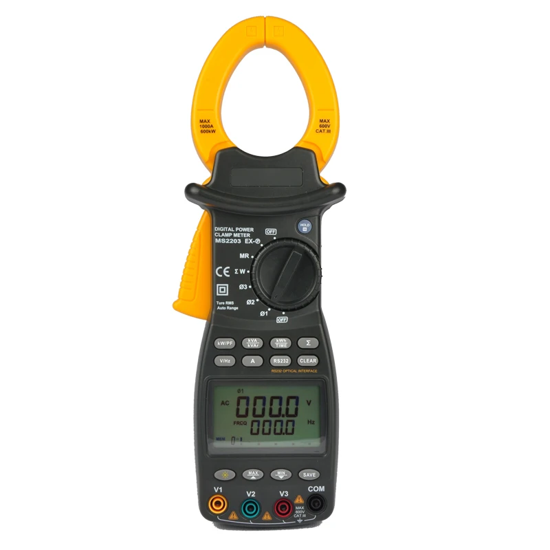 BOSTEK MS2203 Digital Three-phase Power Clamp Meter LCD 10000kWh Wattmeter Power Meter 9999 counts Clamp Multimeter