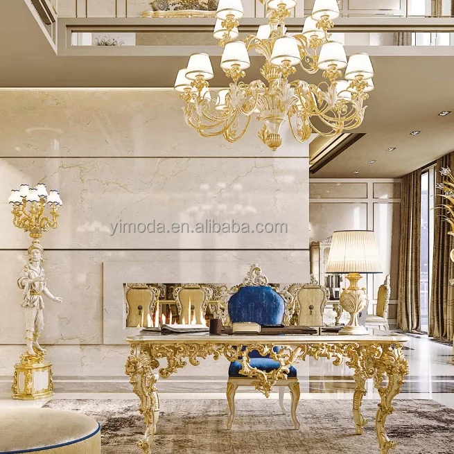 Royal Baroque antique Solid wood Luxury Office Furniture Gold leaf carved Boss Desk Executive Desk and Chair Set
