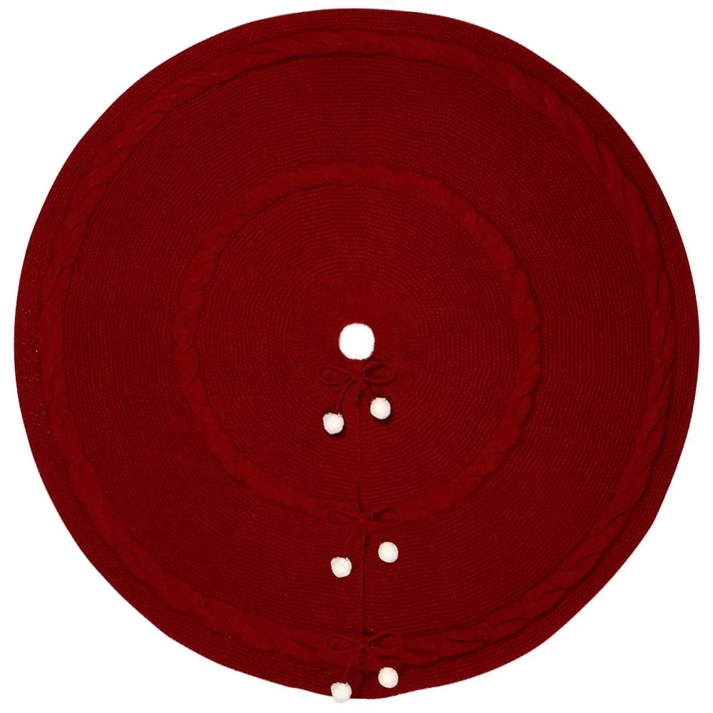 Ourwarm Wholesale Xmas Tree Decoration Round Cotton Wine Red Knitted Christmas Tree Skirt