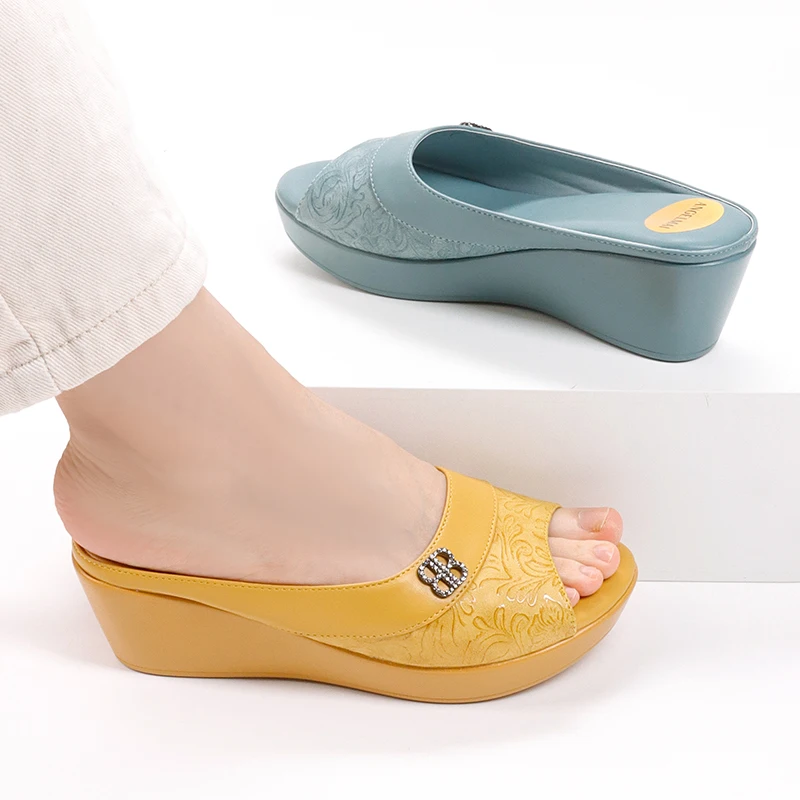 Summer Thick Platform Carving Mules Fish Mouth Open Toe Wedges Shoes Women Rhinestone Mama Shoes Comfortable Mujer Casual Shoes