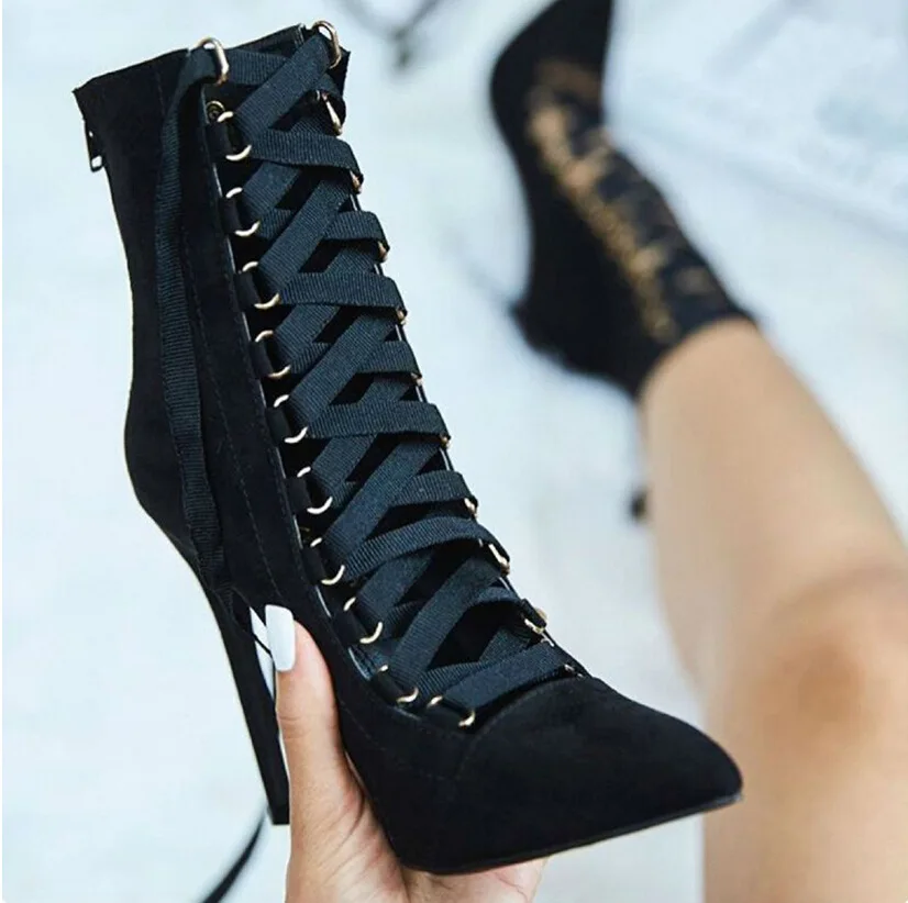 
New Style Botas Para Mujer Con Encaje Ankle Height Lace up Strappy Women Stiletto Heels Sepatu Boots for Ladies 