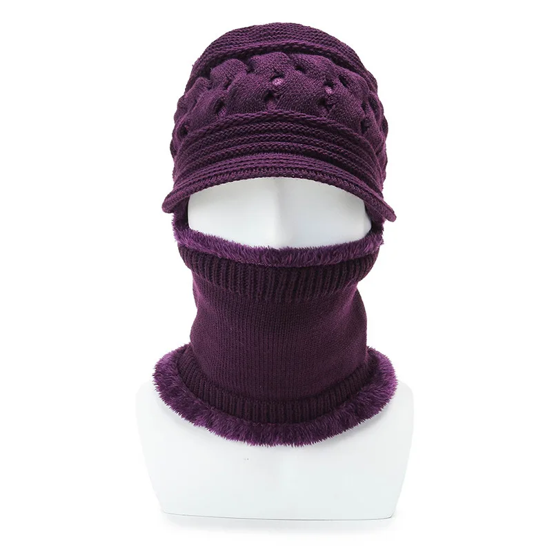 Men Bib Integrated Windproof Winter Hat Full Face Hood Visor Skull Headgear Fleece Lined Warm Hat Scarf Two Piece Set