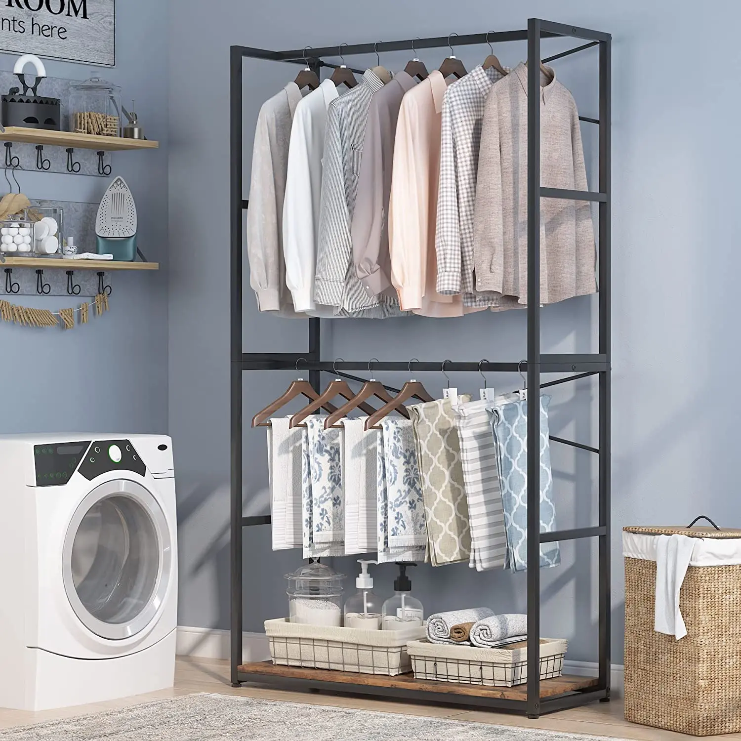 Free-standing Closet Organizer Double Hanging Rod Clothes Garment Rack Large Wardrobe Clothing Storage Closet System