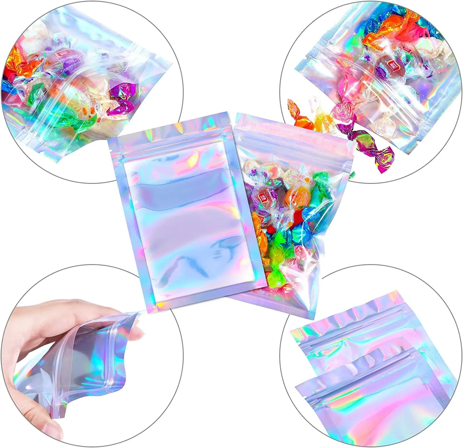 Wholesales Custom One Side Transparent Holographic Ziplock Packaging Bags Resealable Airtight Smell Proof Bag For Food Storage