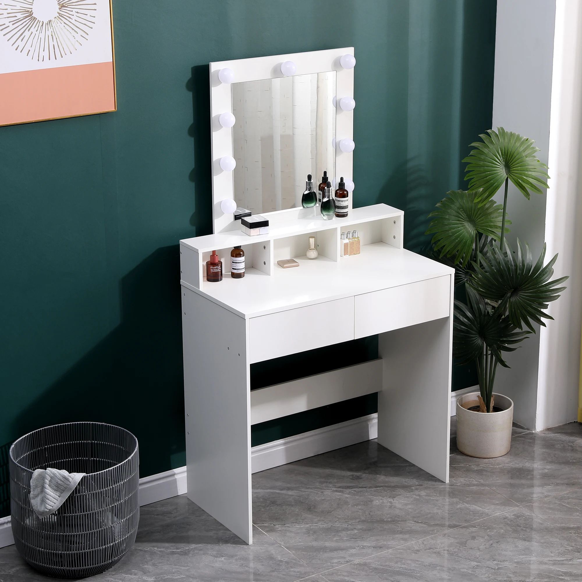 2 Drawers and 3 Compartments Modern White  LED Lights Makeup dressing Table