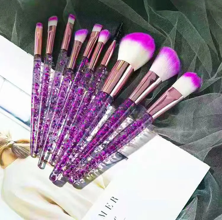 10 Pcs Purple Pink Crystal  Handle  Acrylic Clear Custom Logo Cosmetics Make up Brush Set  eye shadow eyeshadow blending brush