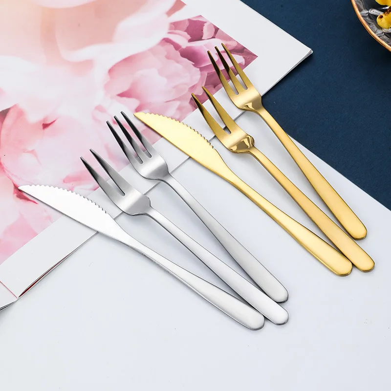 3 PCS Stainless Steel Gold Plating Fruit Dessert Tableware Set 2 Prong 3-Prong Fork and Knife