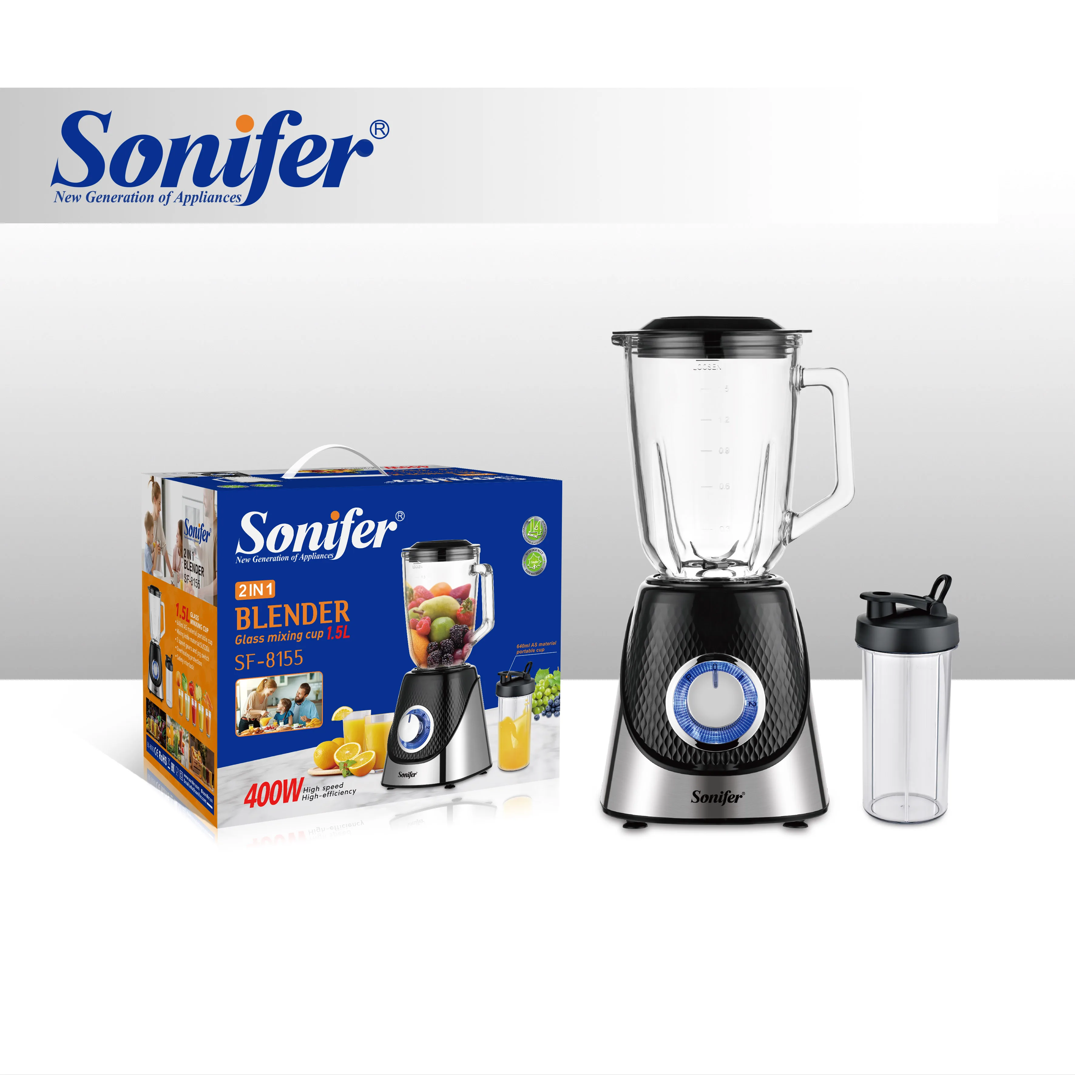 Sonifer SF-8155 400W Home Kitchen 2 In 2 High Speed Blender High Quality Big chromed switch knob Electric Blender