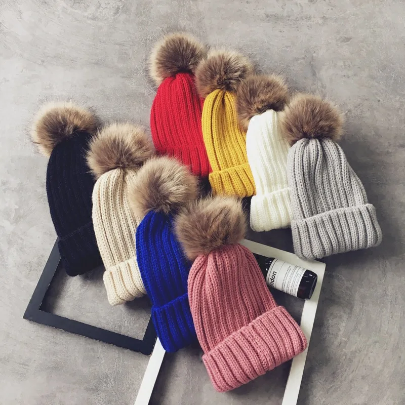 
New arrival warm winter Korean detachable Pompom beanies hat outdoor travel thick knitted family warm winter wool fur hat 