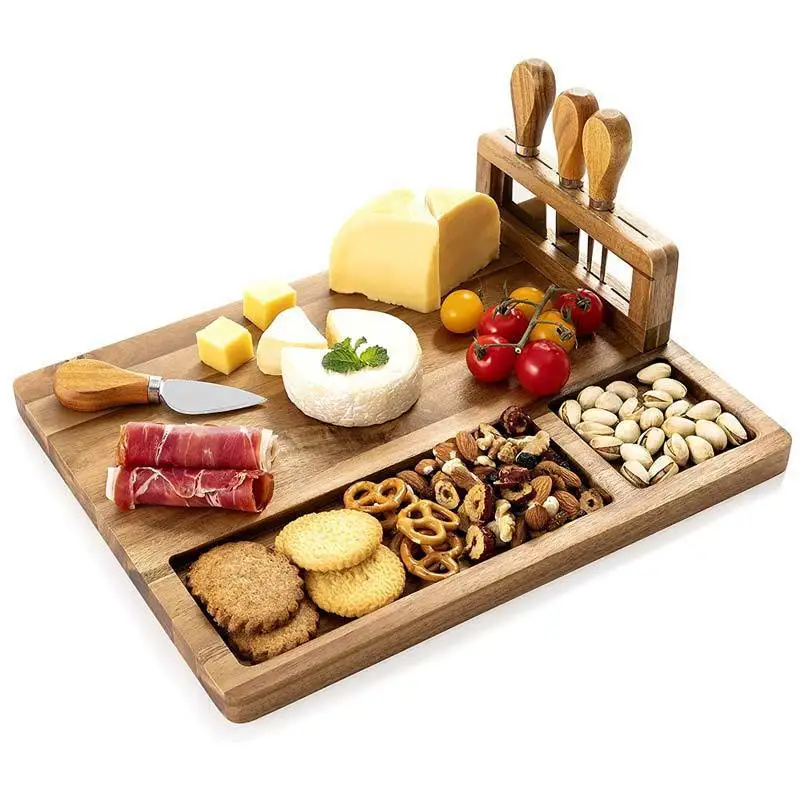 New  High Quality Acacia Wood Cutting Board Set Large Wooden Charcuterie Cheese Board and Utensil Set with 3 Ceramic Dishes