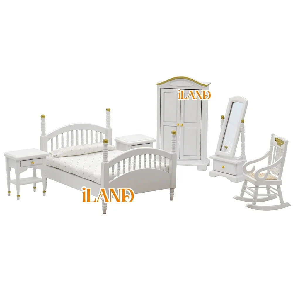 iLAND Vintage Dollhouse Furniture 1/12 scale, Brewster White Dollhouse Bedroom Furniture incl Dollhouse Bed & Mirror Full Length