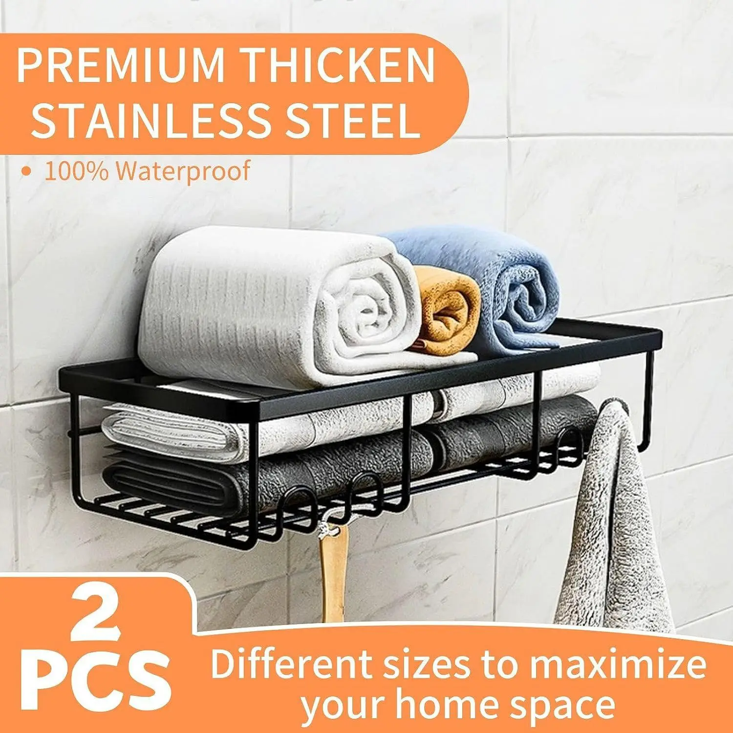 Wall Mounted Shower Caddy Adhesive Organizer Black Metal Stand Towel Racks Storage Bathroom Corner No Drilling Organizer Toilet