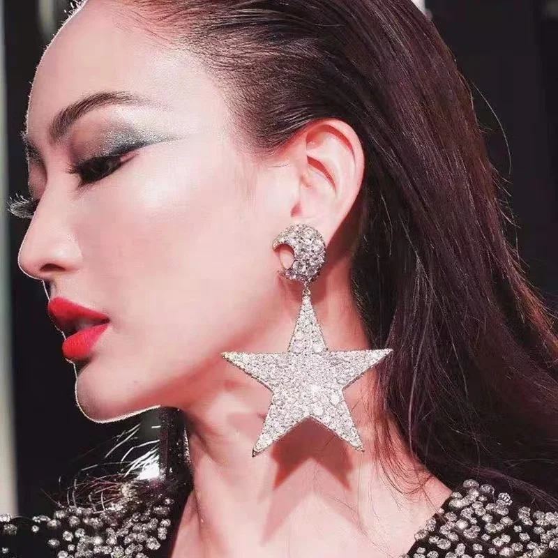 2025 Wholesale Popular Womens Shiny Silver Star Big Cubic Zirconia Studs Earrings Earrings Fashion Party Jewelry