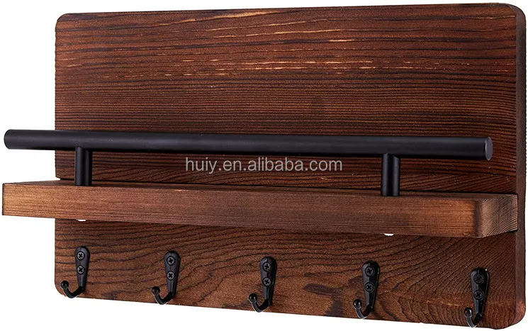 Wall mounted mail shelf sorter and organizer decorative wooden mail and key holder for entryway