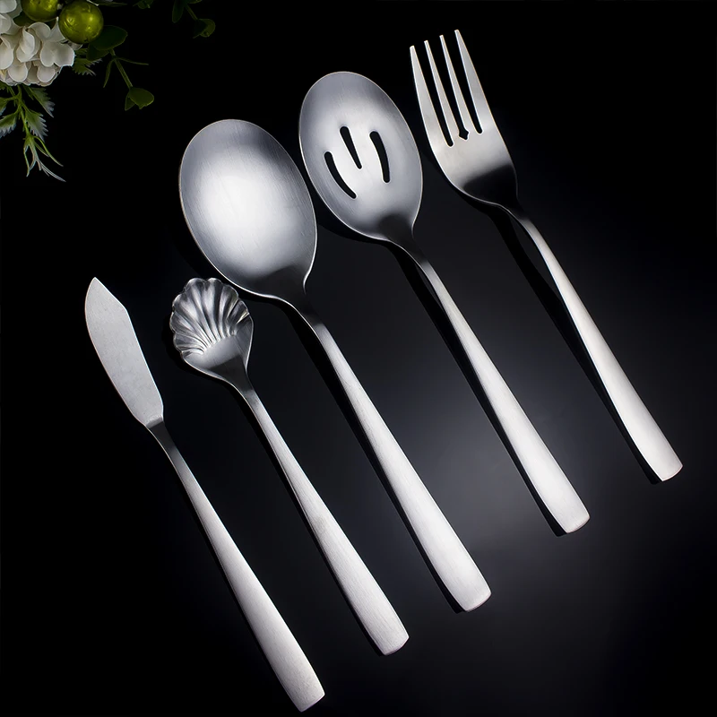 Matte Stainless Steel Serving Spoon Fork Knife Cutlery Set Gold Catering Restaurant Buffet Serving Utensils