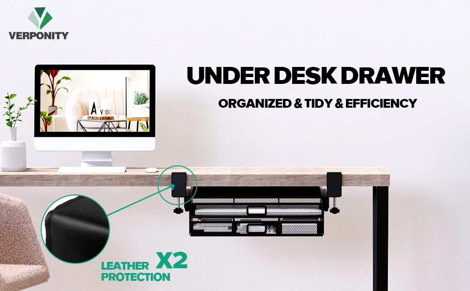 GUDTEKE Mesh Desk Organizer and Clamp-on Swivel Pencil Drawer Desk Hidden Desk Organizer Extra Sturdy C-Clamp Mount System