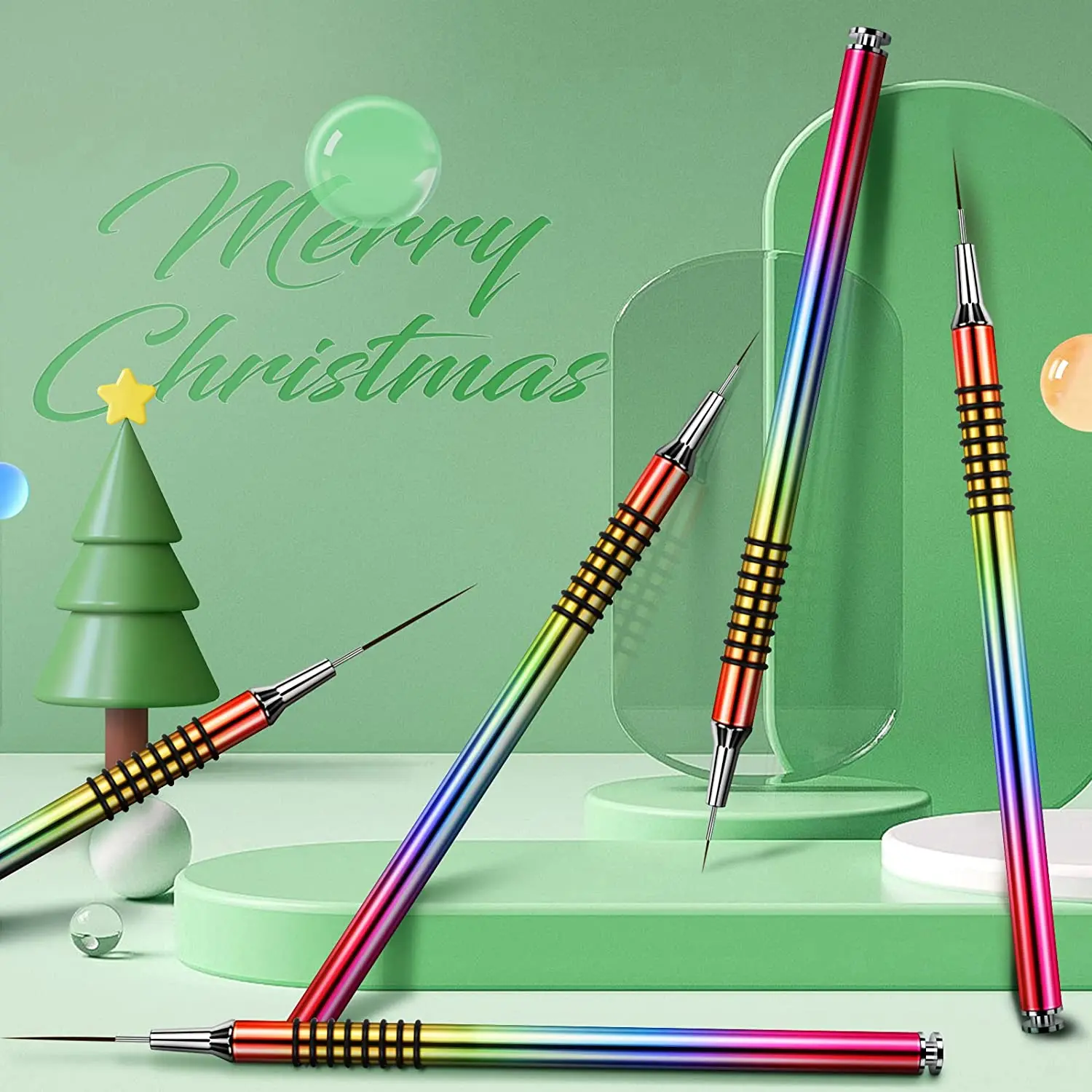 Custom Logo Nail Art Design Brush Striping Thin Long Lines Rainbow Handle Needle Tube Striper Brushes Size 5/7/9/11/20/25mm