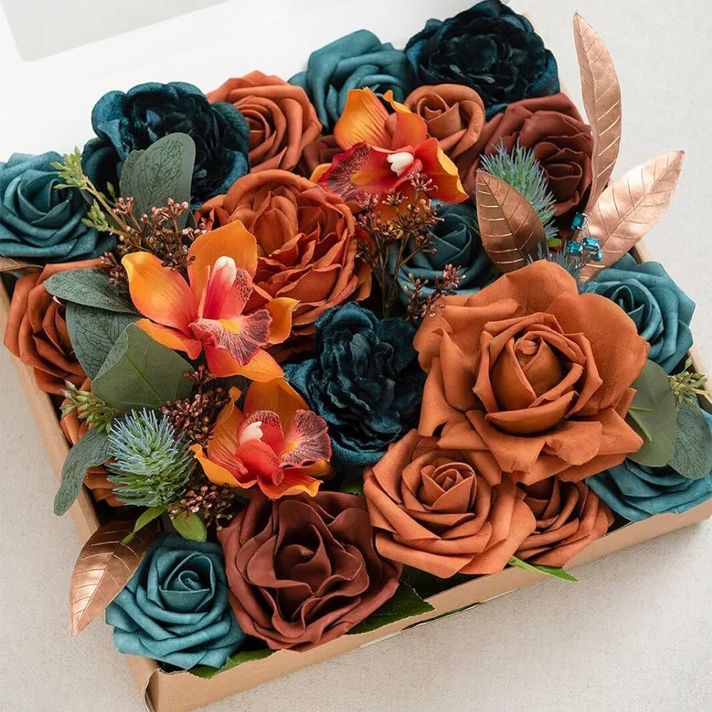 wedding decoration artificial Teal & Burnt Orange combo roses artificial flowers DIY for greenery garland engagement home decor