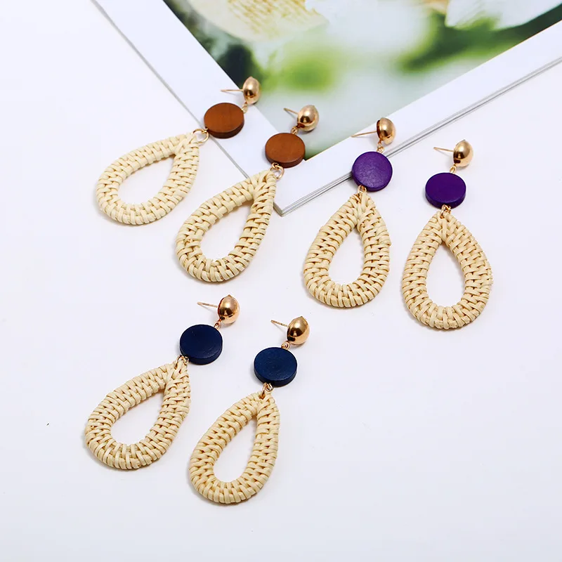 Ethnic Style Natural Bamboo Rattan Straw Woven Braided Earrings Bohemian Geometric Wooden Dangle Drop Earring For Women Girls