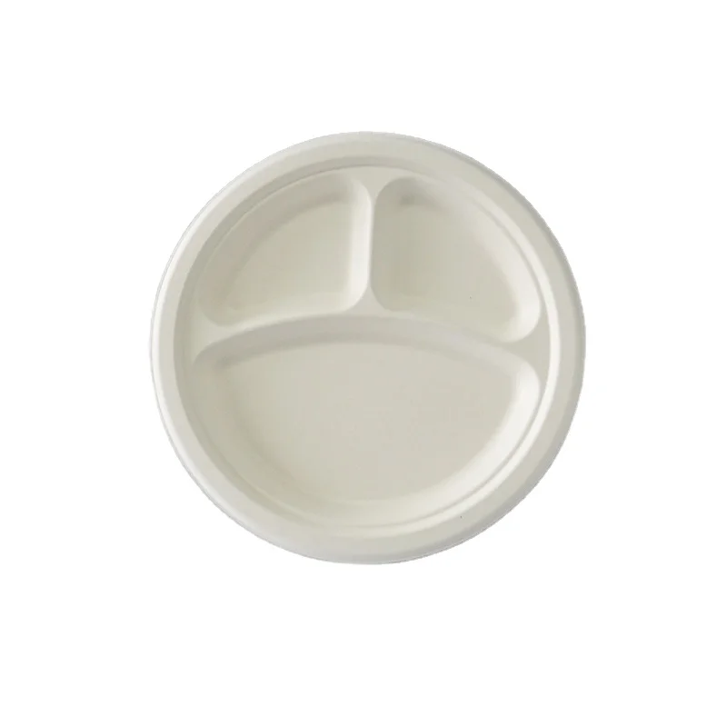 Disposable sugarcane paper tableware 10 inch 3 compartment bagasse fruit paper tray