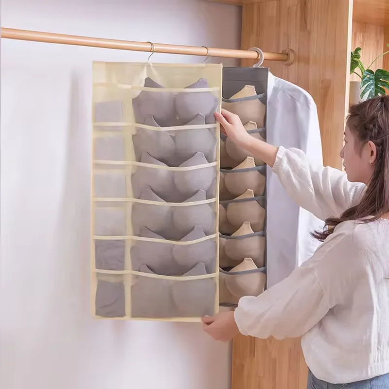 Cloth Metal Hanger Closet Hanging Dual Sided Wall Shelf Wardrobe Mesh Pockets Hanging Storage Bag for Bra