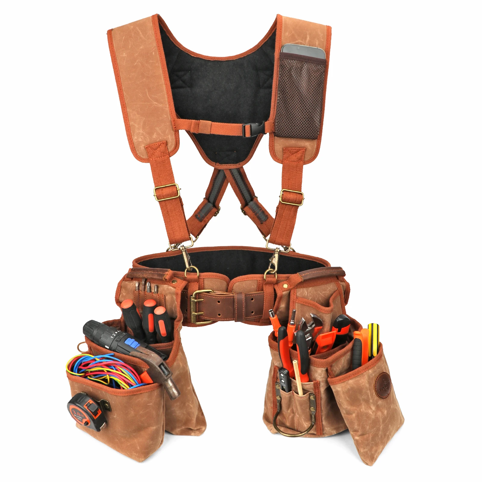 Canvas and Leather tool belt bag with suspenders Leather tool pouch belt Carpenter tool belt bag