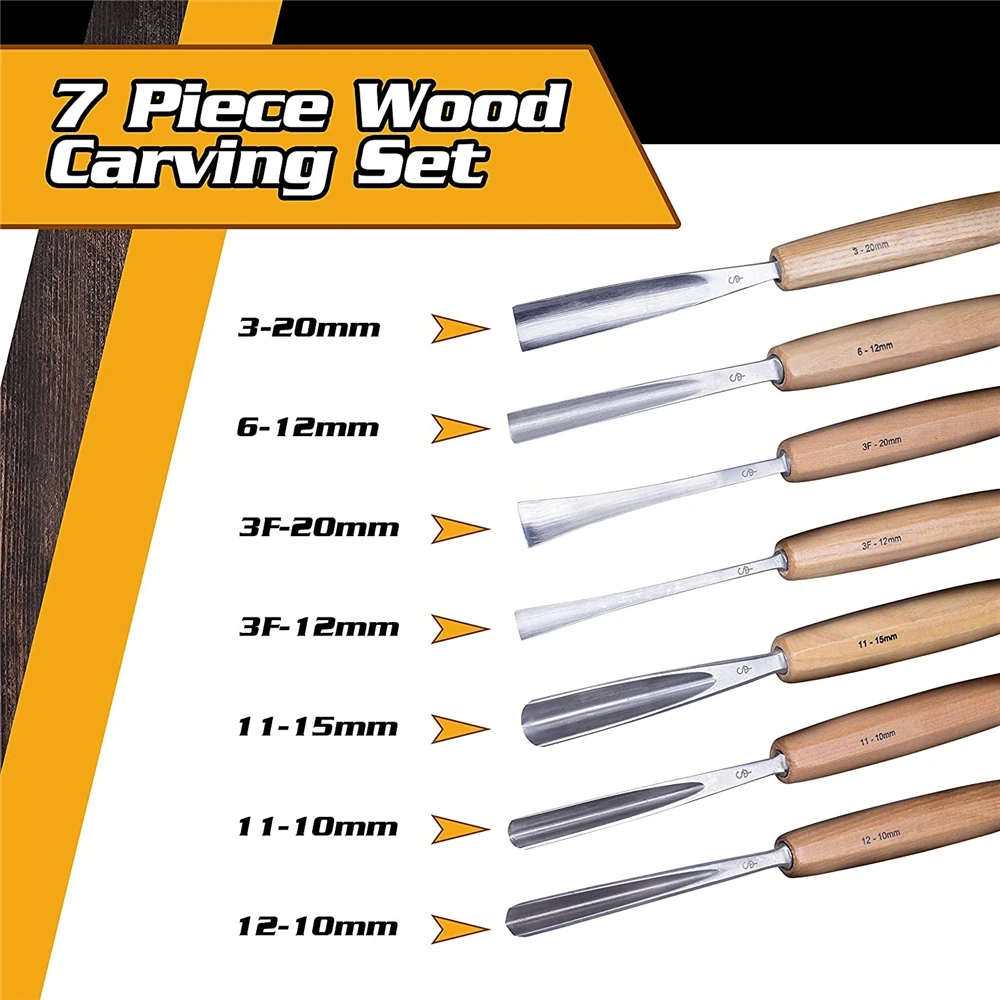 7Pcs Hot Sale Professional Wood Working Carving Chisel Set with Cloth Bag Package for Home DIY Wood Carving