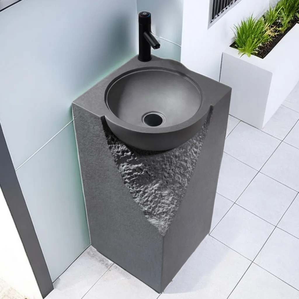High end free standing artifical stone pedestal wash basin grey color square shape bathroom sink for hotel home
