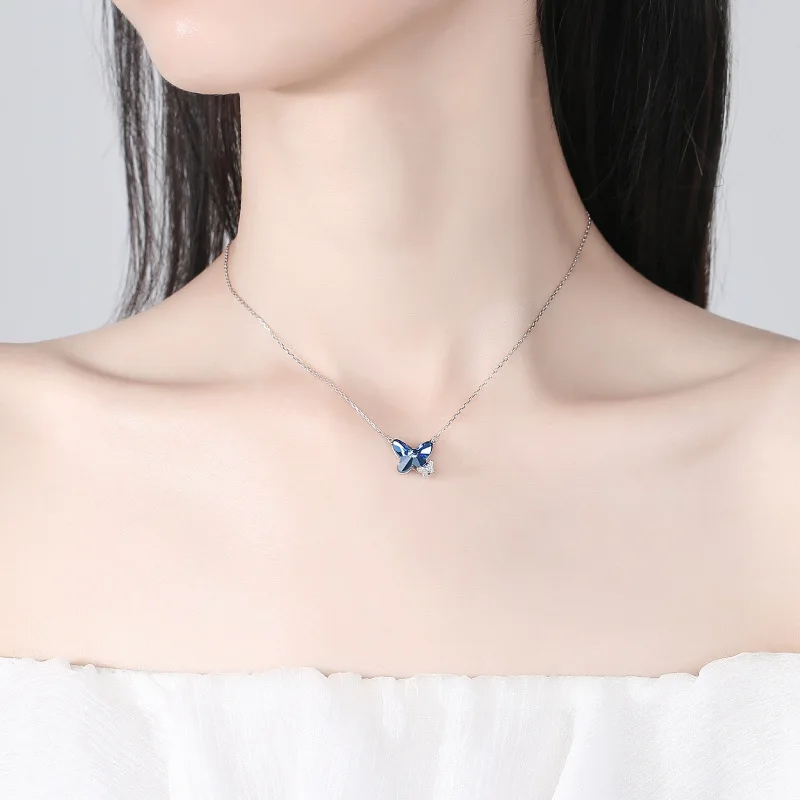 Hot Selling Korea Luxury S925 Sterling Silver Original Butterfly Pendant Jewelry Blue Natural Crystal Zircon Lady Necklace