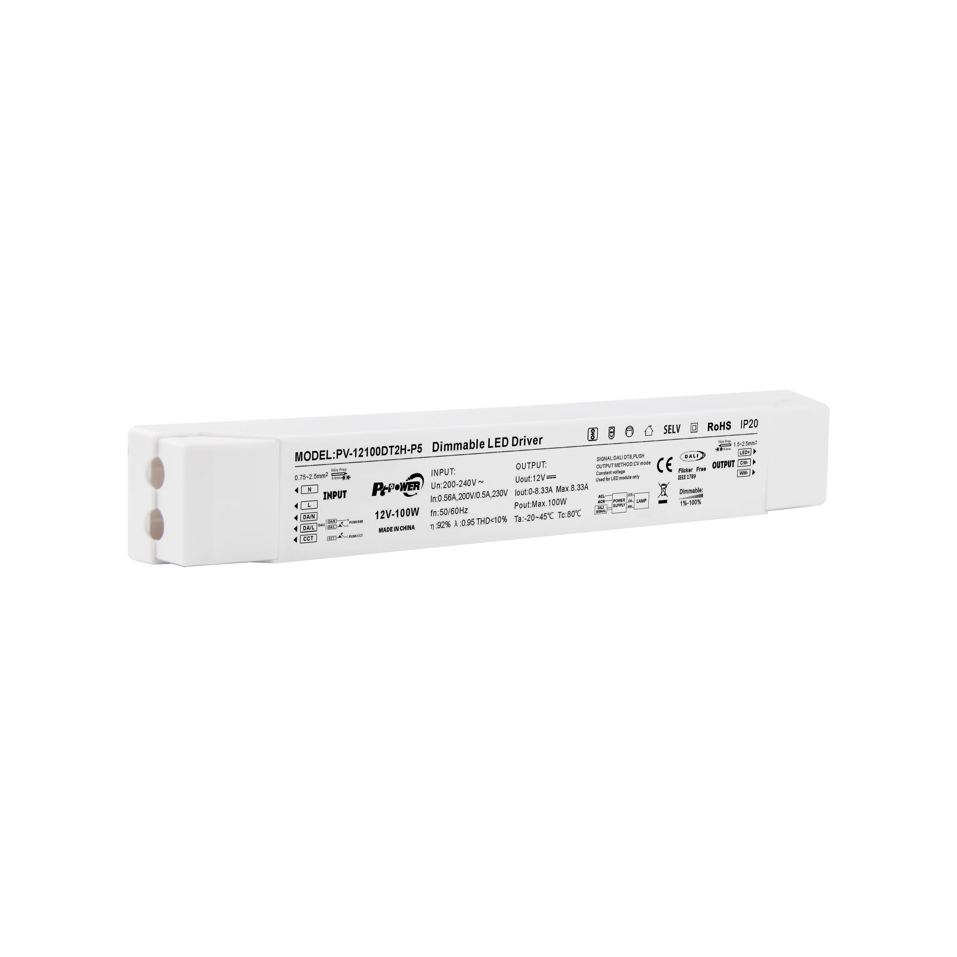 DALI DT8 Dimming 100W 12/24V White Plastic Shell 100-240V Constant Voltage DALI Dimmable LED Driver for Office LED Lighting