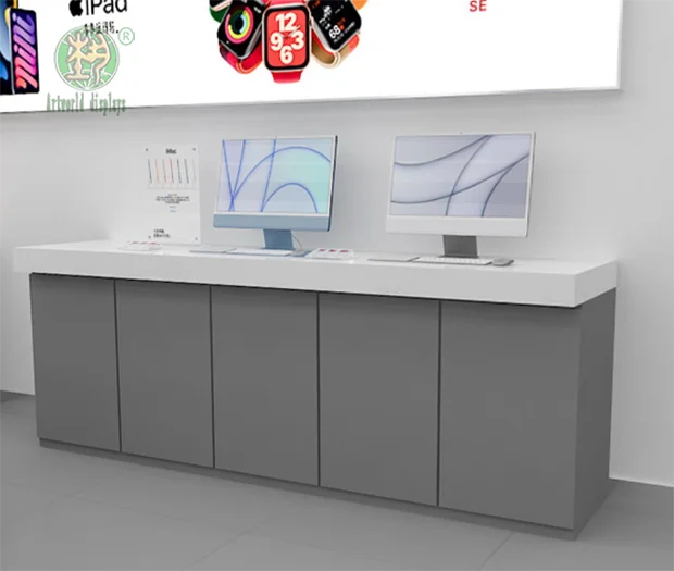 Apple Reseller store wall standing display counter white marble stone counter top for laptop Notebook PC mobile phone store