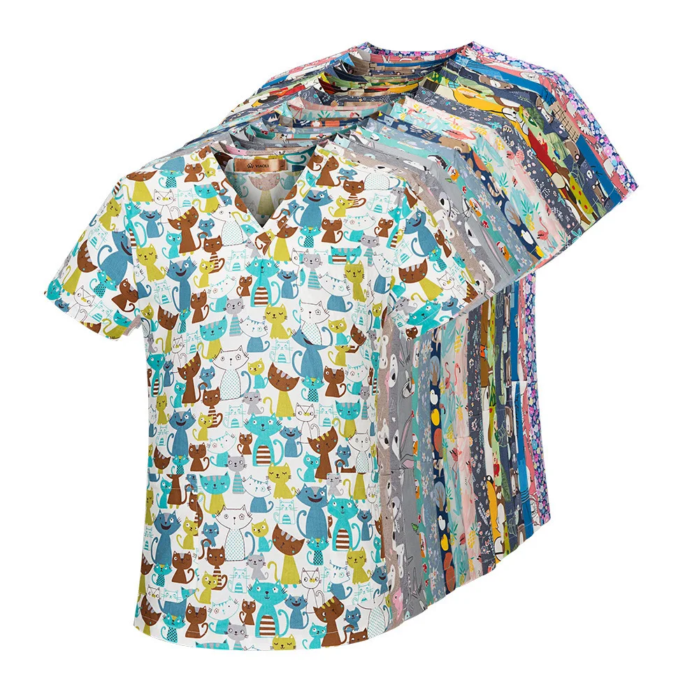 Oem Butterfly Print Medical Clothing Hospital Uniform Custom V-neck Print Nurse Scrub Top