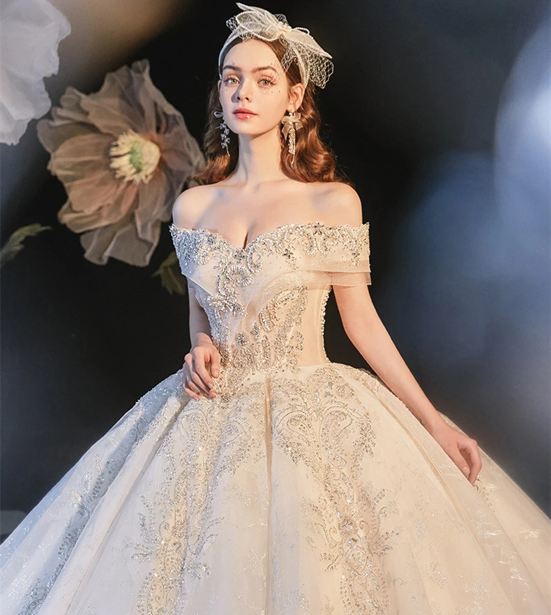 2021 new main wedding dress bride trailing temperament champagne one-shoulder starry princess wedding dress